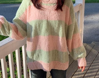 Handknit oversized drop-shoulder comfortable sweater-matcha&strawberry