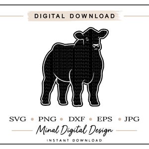 May include: A black silhouette graphic of a cow standing in profile, featuring the text DIGITAL DOWNLOAD at the top, SVG PNG DXF EPS JPG in the middle, and Minal Digital Design INSTANT DOWNLOAD at the bottom on a white background.