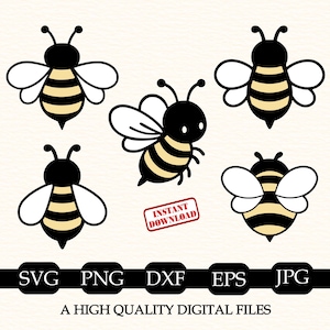 May include: A digital graphic set featuring five stylized bee illustrations with black and cream striped bodies and white wings. A red rectangular stamp reads INSTANT DOWNLOAD. A black horizontal bar displays the text SVG PNG DXF EPS JPG.