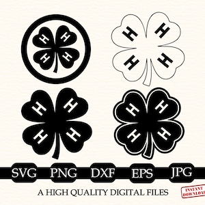 Può includere: Quattro disegni grafici in bianco e nero di quadrifogli, ciascuno con la lettera H in ogni foglia. Sotto i disegni dei quadrifogli, una barra orizzontale nera contiene il testo bianco SVG, PNG, DXF, EPS, JPG e A HIGH QUALITY DIGITAL FILES.