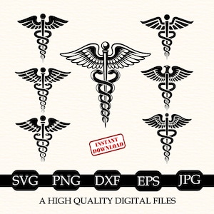 Può includere: Una collezione di sette simboli caduceo neri che raffigurano bastoni alati intrecciati con due serpenti. L'immagine include il testo rosso INSTANT DOWNLOAD e una barra nera con il testo bianco SVG PNG DXF EPS JPG A HIGH QUALITY DIGITAL FILES.