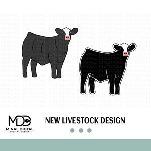 May include: Two digital illustrations of black and white cows with pink noses, standing in profile. The text "MINAL DIGITAL DESIGN" and "NEW LIVESTOCK DESIGN" appears at the bottom, along with a logo featuring the letters MDD and a pen nib icon.