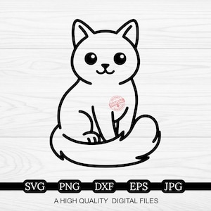 Op de afbeelding: Een zwart-wit cartoonkat-illustratie. De kat zit met zijn staart om zijn lichaam gekruld. De afbeelding bevat de tekst "SVG PNG DXF EPS JPG" en "A HIGH QUALITY DIGITAL FILES".