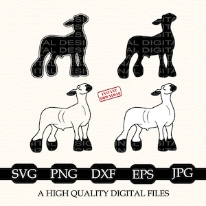 May include: Four digital illustrations of a lamb in standing profile. Two are solid black silhouettes and two are white outlines with black hooves and facial features. A red rectangular stamp reads INSTANT DOWNLOAD. File formats SVG, PNG, DXF, EPS, JPG are listed below.