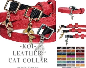 KOÏ - Cat Collar - Floral Pattern - Vegetable Tanned Leather - Anti-Strangulation Elastic - Choice of Color (On Order)