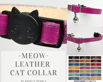 SHABY - Leather Cat Collar - Reflective or Not - Genuine Veg Tanned Leather - Safety Breakaway System - Choice Color (Made to Order)