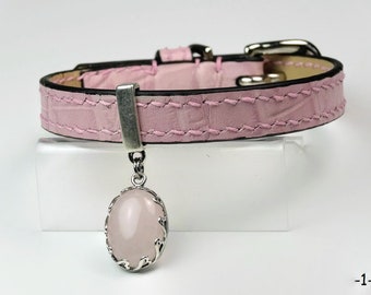 ANYA - Pink Croco Pattern Calf Leather Luxurious Dog Collar - With or Without Gemstone - Hand Sewn - Neck 21 to 26 cm - Designer Dog Collar