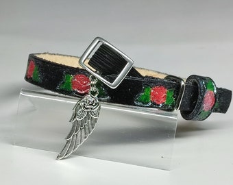 PLUME - Reflective Vegetable Tanned Leather Cat Collar - Rose Garden Pattern - Anti-Strangulation Elastic - Luxury Feline Collar