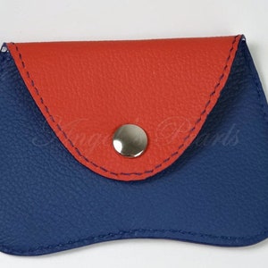 BERGAMOTTE - Women's Leather Coin Purse - Men's Leather Coin Purse - Coral & Blue - Hand Sewn