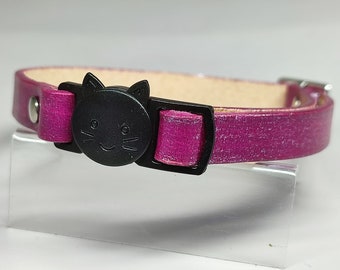 MEOW - Reflective Fuchsia Vegetable Tanned Leather Cat Collar - Breakaway Collar - Cat Head Quick Release Buckle