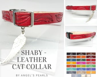 SHABY - Leather Cat Collar - Reflective or Not - Genuine Veg Tanned Leather - Safety Breakaway System - Choice Color (Made to Order)