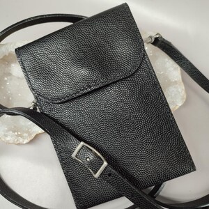 Mini Sacoche Bandoulière - Cuir Noir Façon Caviar - Sacoche  pour Téléphone Portable - Unisexe - Couture Main - LEKSI -