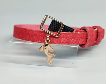 KOÏ - Rose Gold - Red Vegetable Tanned Leather Cat Collar - Floral Pattern - Anti-Strangulation Elastic - Luxury Feline Collar