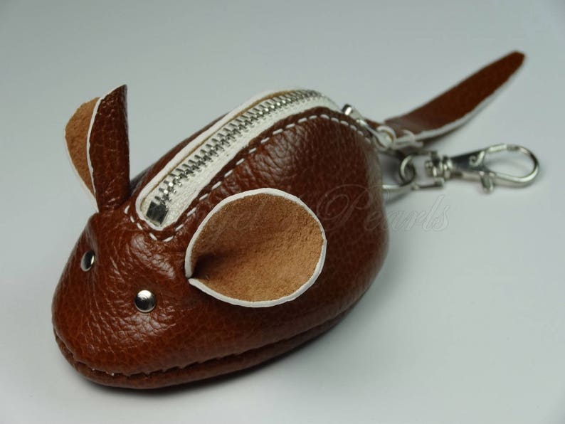 Hand Sewn Purse Leather Mouse Jewel Bag Brown Leather Souricette Key Ring