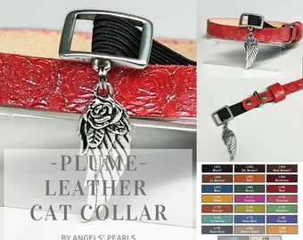 PLUME - Leather Cat Collar -  Reflective or Not - Veg Tanned Leather - Rose Heart Print - Safety Elastic - Choice Color (Made to Order)