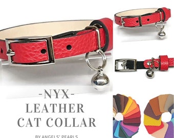 NYX - Leather Cat Collar - Safety Elastic Cat Collar - Italian Leather - Choice Color (Made to Order)