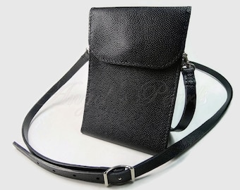 LEKSI - Small Leather Shoulder Bag - Black Caviar Print Leather - Bag for Cell Phone - Unisex - Hand Sewn