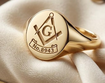 Masonic Signet Ring • Freemason Ring • Gold Signet Ring • Personalized Masonic Jewelry • Compass Square Ring • Men Women Ring