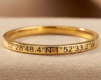 Pierścień ze współrzędnymi wykonany ze złota próby 14K • Spersonalizowany pierścień do łączenia • Pierścień z grawerowanymi współrzędnymi lokalizacji • Spersonalizowana złota obrączka