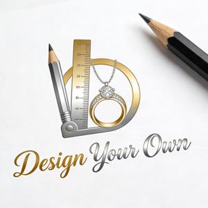May include: A graphic logo featuring a gold ring with a central stone on a chain, a silver ruler, and a pencil. The text "Design Your Own" is written below in a gold and silver script font. A second black pencil is positioned at the top right.