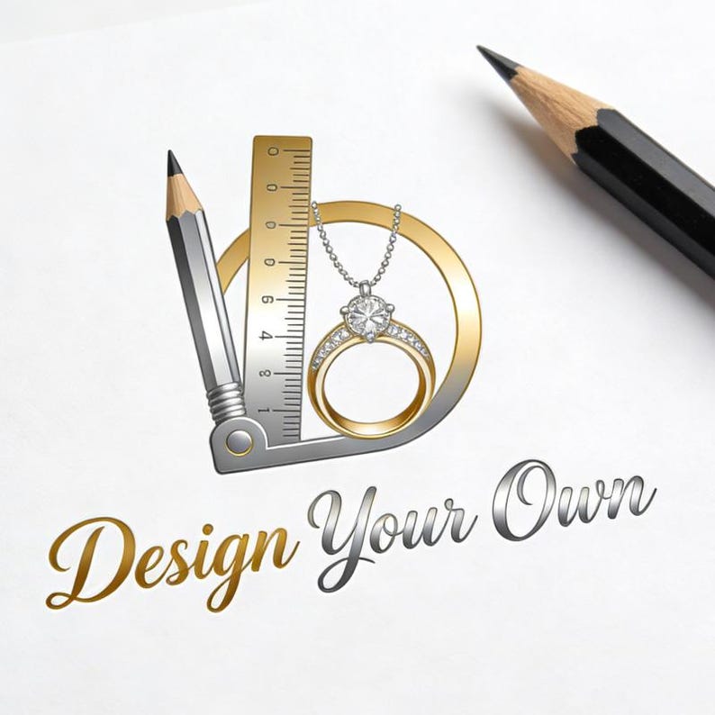 May include: A graphic logo featuring a gold ring with a central stone on a chain, a silver ruler, and a pencil. The text "Design Your Own" is written below in a gold and silver script font. A second black pencil is positioned at the top right.