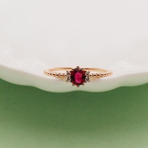 18K Rose Gold Victorian Ruby Ring, Diamond Halo Engagement Promise