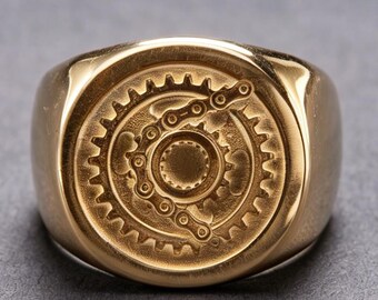 Anillo de lujo ligero vintage de oro de 18 quilates con engranajes y diseño industrial mecánico para parejas.