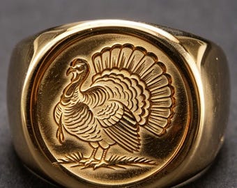 Anillo original de oro de 14 quilates con tótem de pavo, anillo apilable de Acción de Gracias.