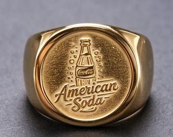 Anillo de sello Vintage Soda Pop de oro de 10 quilates, estilo Americana Workwear, para parejas.
