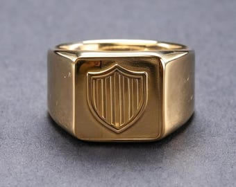 Anillo de sello estilo escudo vintage de oro blanco de 18 quilates para hombre, banda gruesa.