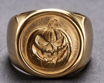Anillo vintage de oro de 10 quilates con cara de fantasma de calabaza, joyería para fiestas de Halloween.