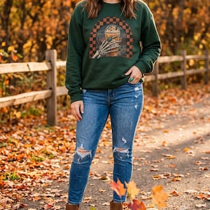 Cozy Fall Sweatshirt Pumpkin Spice Skeleton Hand Crewneck Spooky Season Coffee Lover Gift for Her Autumn Pumpkin Patch Outfit