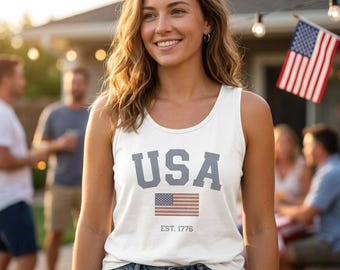 4th of July Outfit Women Vintage American Flag Tank Top Patriotic 1776 Lake Vibe Country Music Festival Shirt Red White Blue Graphic