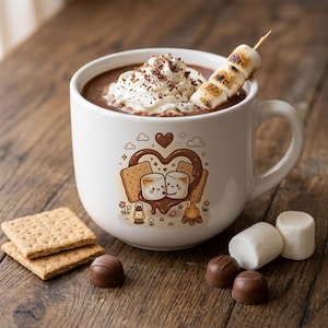Duży kubek do kawy, gorąca czekolada, 25 uncji, ceramiczny kubek do latte, przytulny wystrój domku, prezent dla miłośnika Smores, estetyczny kubek kempingowy dla niej
