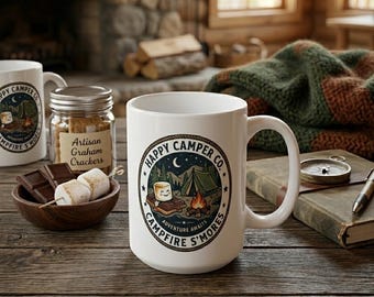 Tazza Happy Camper, Tazza da caffè con smores da falò, Regali per campeggiatori per uomini e donne, Decorazione per camper, Regalo per amanti della vita all'aria aperta, Tazza da caffè con montagna da 325 ml