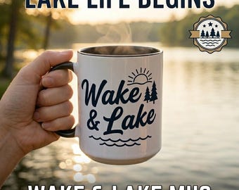 Tazza da caffè Wake and Lake, 11 oz (325 ml) o 15 oz (440 ml), idea regalo per amanti della nautica, bicchieri per la vita sul lago, decorazione per la cucina della cabina, tazza per proprietari di barche da wakeboard.