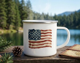 Tazza da campeggio smaltata patriottica / Tazza da caffè con bandiera USA, Tazza da campeggio con bandiera americana, Regalo per il 4 luglio, Bicchieri da esterno a stelle e strisce