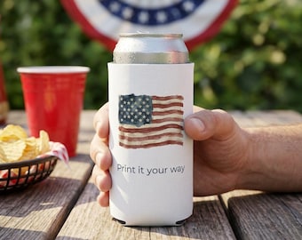 Personalizza porta lattine slim bianco USA con custodie patriottiche per lattine, regalo per il Giorno dell'Indipendenza, gadget per il 4 luglio, bomboniere con bandiera americana.