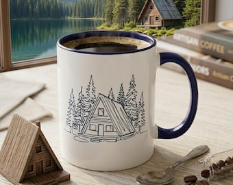 Tazza da caffè con decorazione "Vita in baita", stile rustico con atmosfera lacustre, regalo per amanti della vita all'aria aperta, tazza da campeggio in ceramica, regalo per amanti della natura, tazza da tè unica di montagna.
