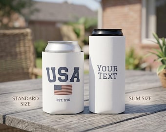 Portabevande personalizzato con bandiera americana, refrigeratore per lattine personalizzato USA, bomboniere patriottiche per riunioni di famiglia, rosso, bianco e blu, manicotto per birra per barbecue in giardino, personalizzato
