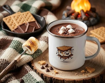 Tazza da campeggio smaltata Happy Smore, stile retrò, in metallo, pieghevole, ideale per escursioni e viaggi nella natura selvaggia, regalo perfetto per vacanze in camper o in auto.
