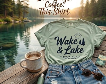 Maglietta Wake and Lake, colori comodi, maglietta grafica, abbigliamento wakeboard, idea regalo per amanti della nautica, abbigliamento per proprietari di barche, top estivo per pontoni