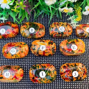 May include: Ten polished, oval-shaped stones featuring a mottled pattern of orange, red, green, and black colors. Each stone is labeled with a white circular sticker containing a black letter from A through J, arranged in three rows.