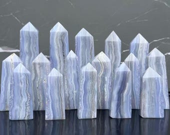 Natural Blue Lace Agate Tower, Hand Polished Obelisk for Reiki Healing & Home Decor