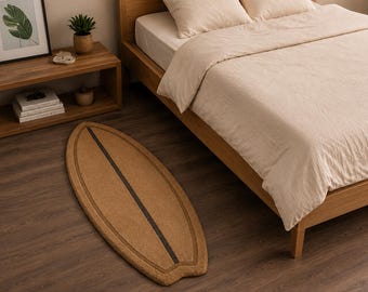 May include: A surfboard-shaped area rug in a tan, textured material featuring a dark brown vertical stripe down the centre and a matching brown border outline, positioned on a dark wood floor next to a wooden bed frame with beige bedding.