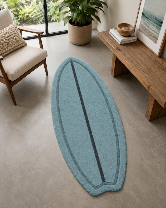 Blue Surfboard Rug, Coastal Tufted Area Rug, Beach House Decor, Surfboard Shaped Rug, Ocean Inspired Rug, Home Decor, Hand Tufted