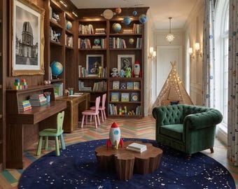 May include: A room featuring dark wood built-in bookshelves, a desk with a green chair, a dark blue circular rug with a star pattern, a green tufted armchair, a wooden coffee table with a rocket toy, and a small lit teepee in the corner.