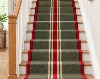 Handwoven Stair Runner Rug, Sage Green Red Striped Stair Carpet, Wool Look Staircase Runner, Farmhouse Hallway Decor, Custom Size Rug