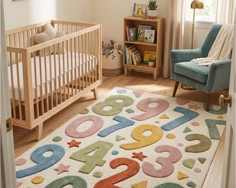 May include: A rectangular area rug featuring a cream-coloured background with large, tufted numbers in muted shades of blue, green, orange, yellow, and pink. The design includes scattered small geometric shapes like stars and triangles.
