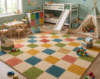 May include: A large area rug featuring a repeating checkerboard pattern of cream, blue, green, yellow, and terracotta squares. The rug has a textured, plush pile and covers a significant portion of the floor in a room filled with children's toys.